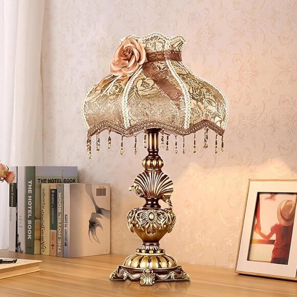 Traditional Victorian Table Lamp Brown Handmade Lace Fabric Lampshade European - Picture 1 of 4